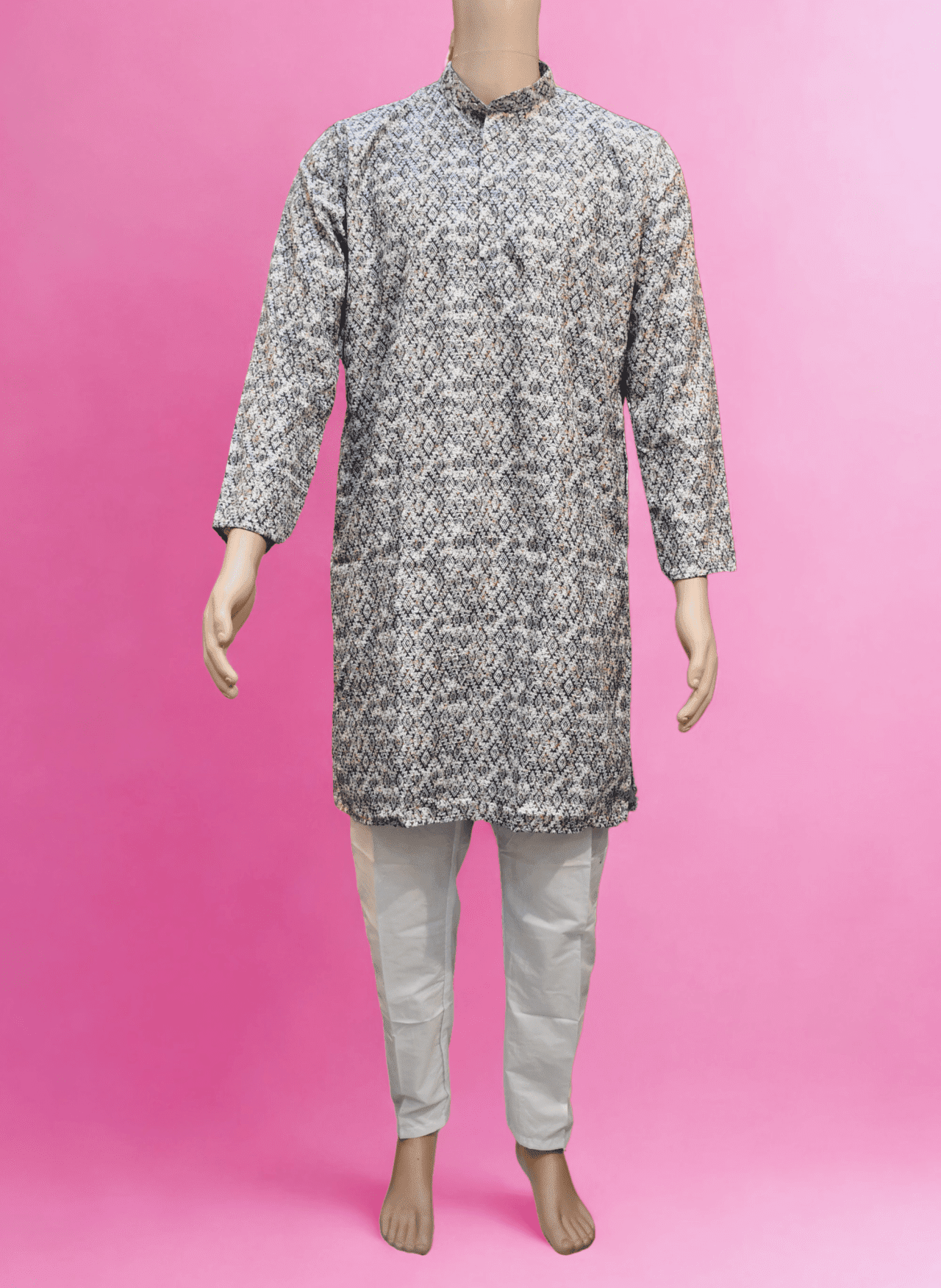 Men's Cotton Blend  Printed Golden Jari Work Long kurta With White Cotton Polo Pant