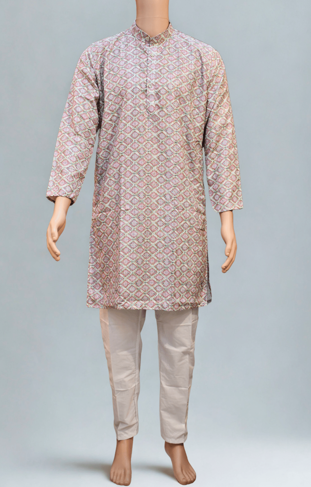 Men's Cotton Blend  Printed Golden Jari Work Long kurta With White Cotton Polo Pant