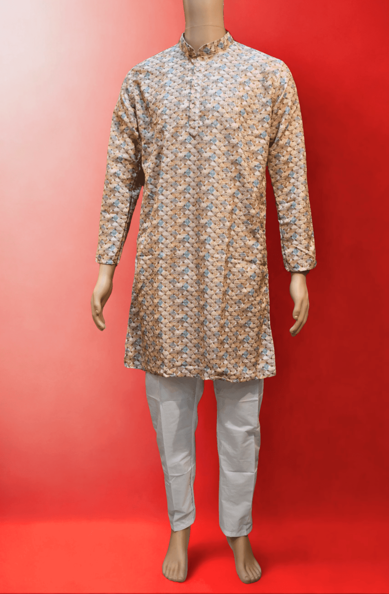 Men's Cotton Blend Printed Golden Jari Work Long kurta With White Cotton Polo Pant