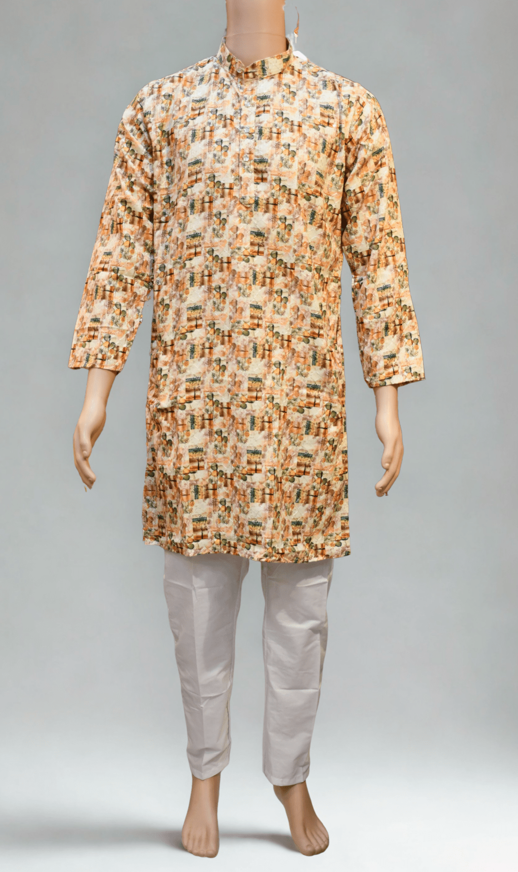 Men's Cotton Blend Printed Golden Jari Work Long Kurta with White Cotton Polo Pant