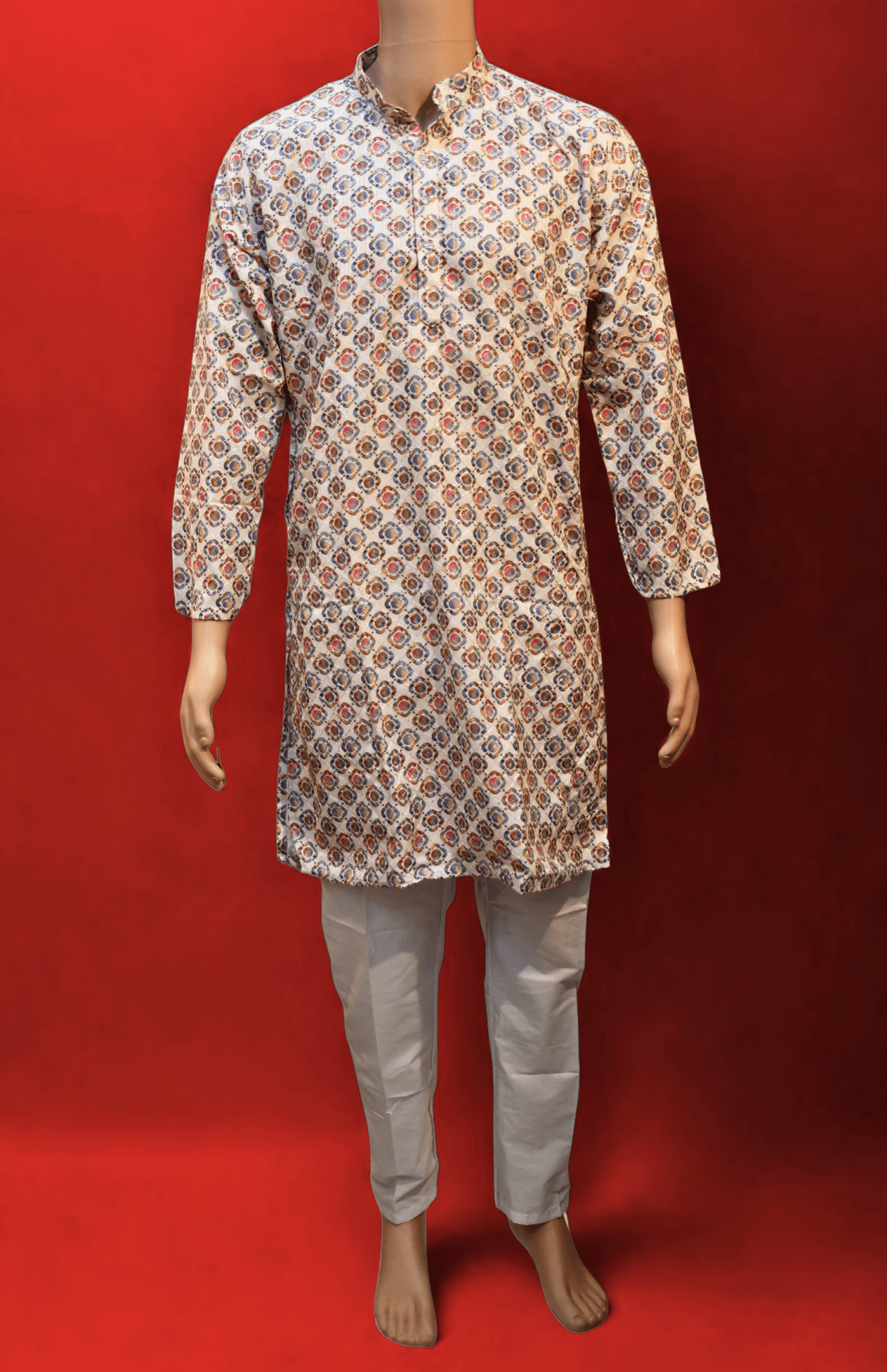 Men's Cotton Blend  Printed Golden Jari Work Long kurta With White Cotton Polo Pant