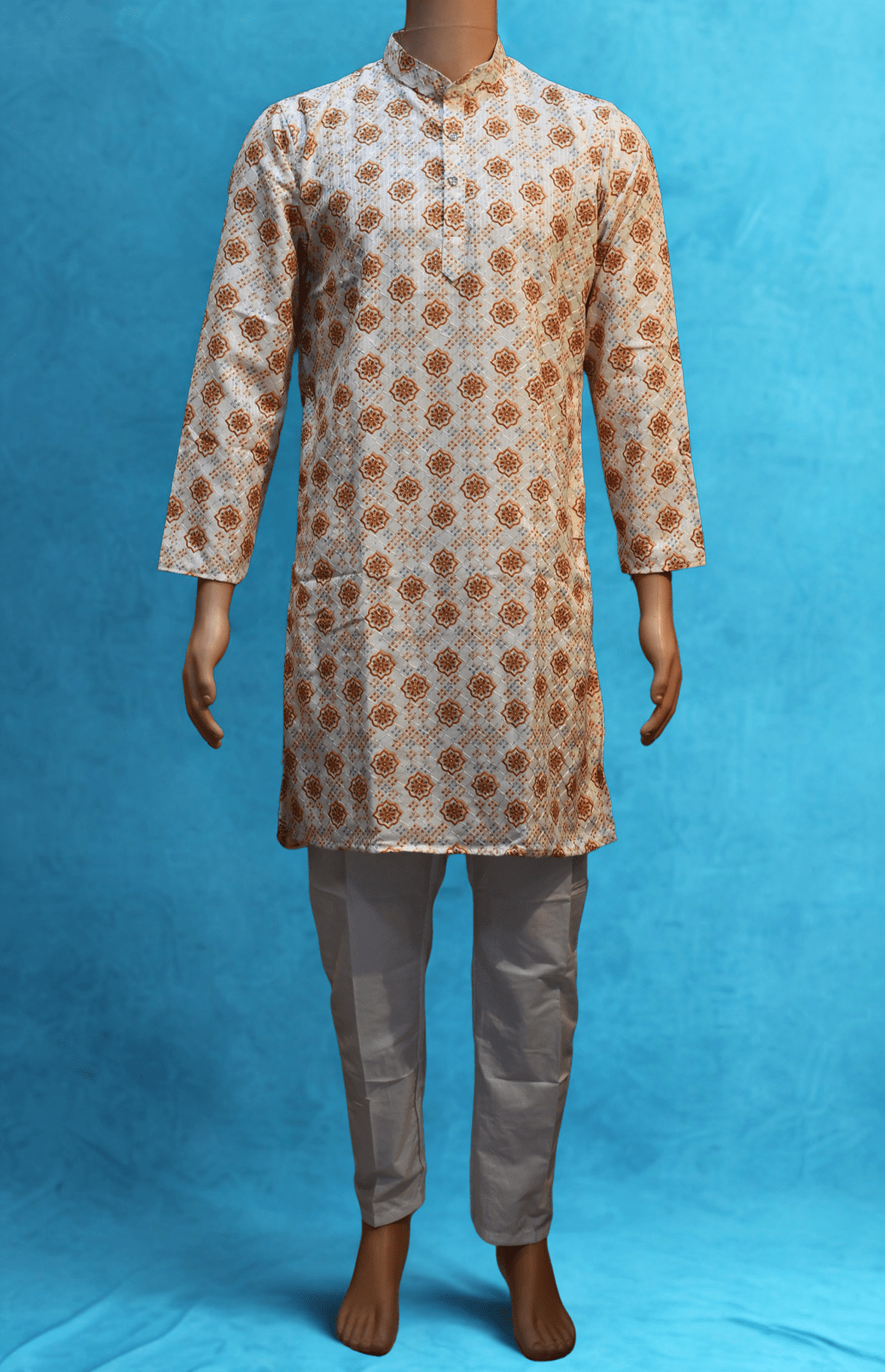 Men's Cotton Blend  Printed Golden Jari Work Long kurta With White Cotton Polo PANT