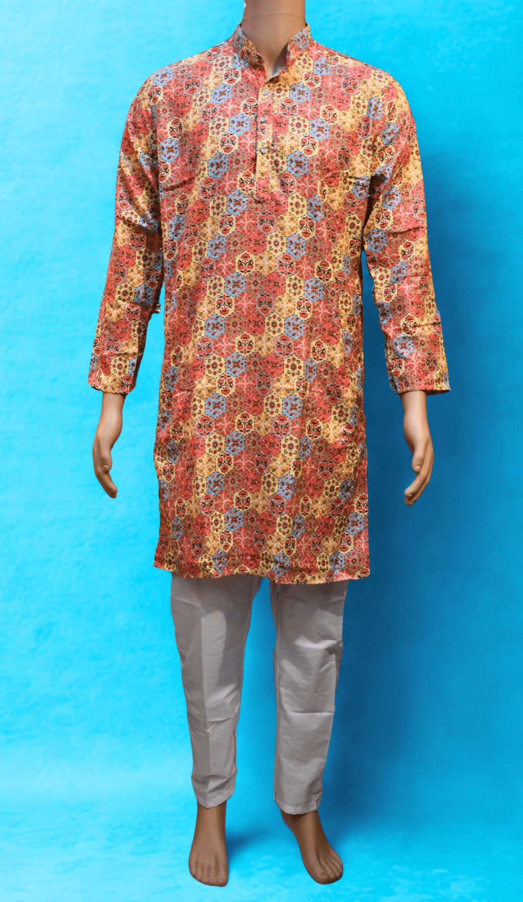 Men's Cotton Blend  Printed Golden Jari Work Long kurta With White Cotton Polo Pant