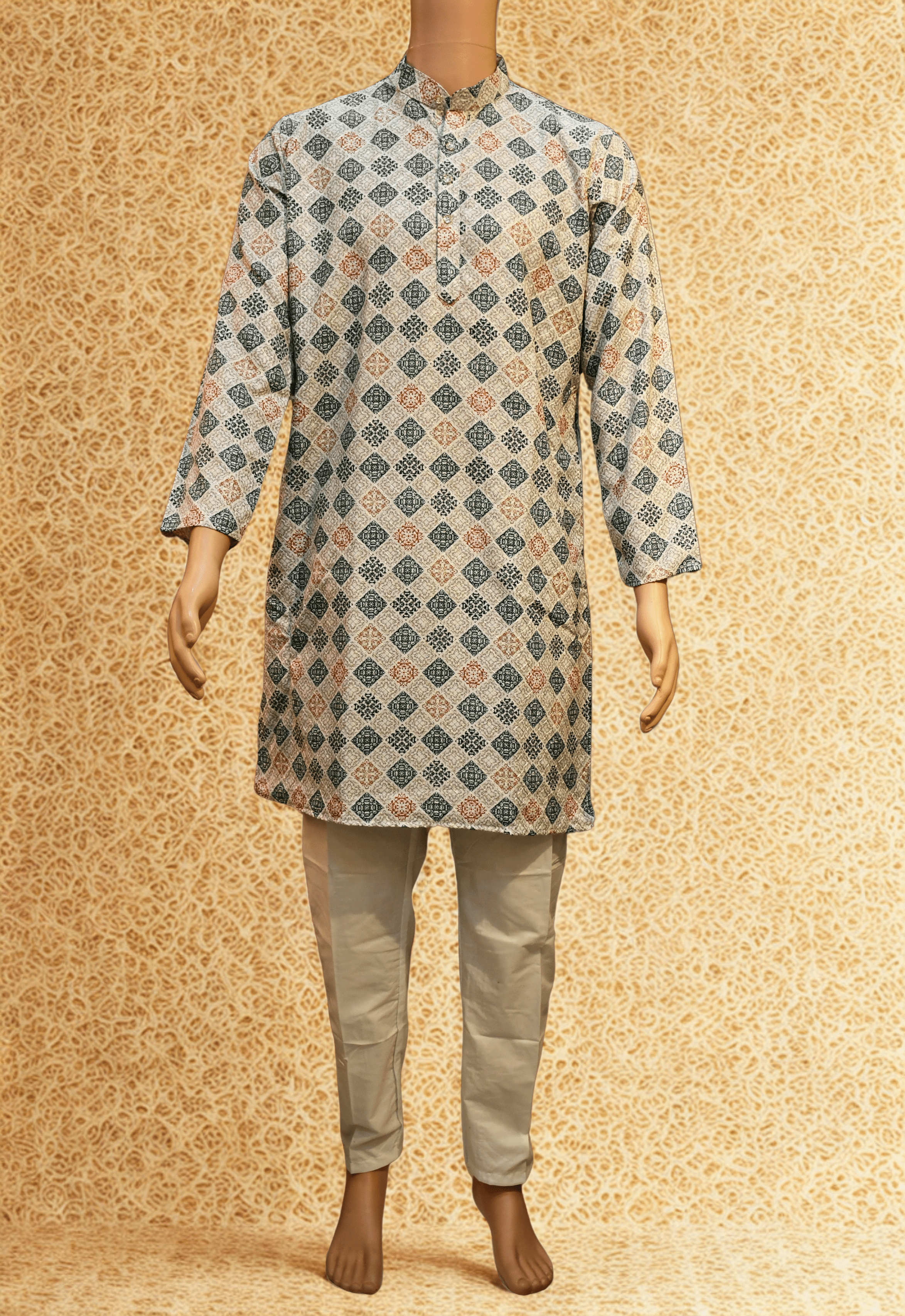 Men's Cotton Blend  Printed Golden Jari Work Long kurta With White Cotton Polo Pant