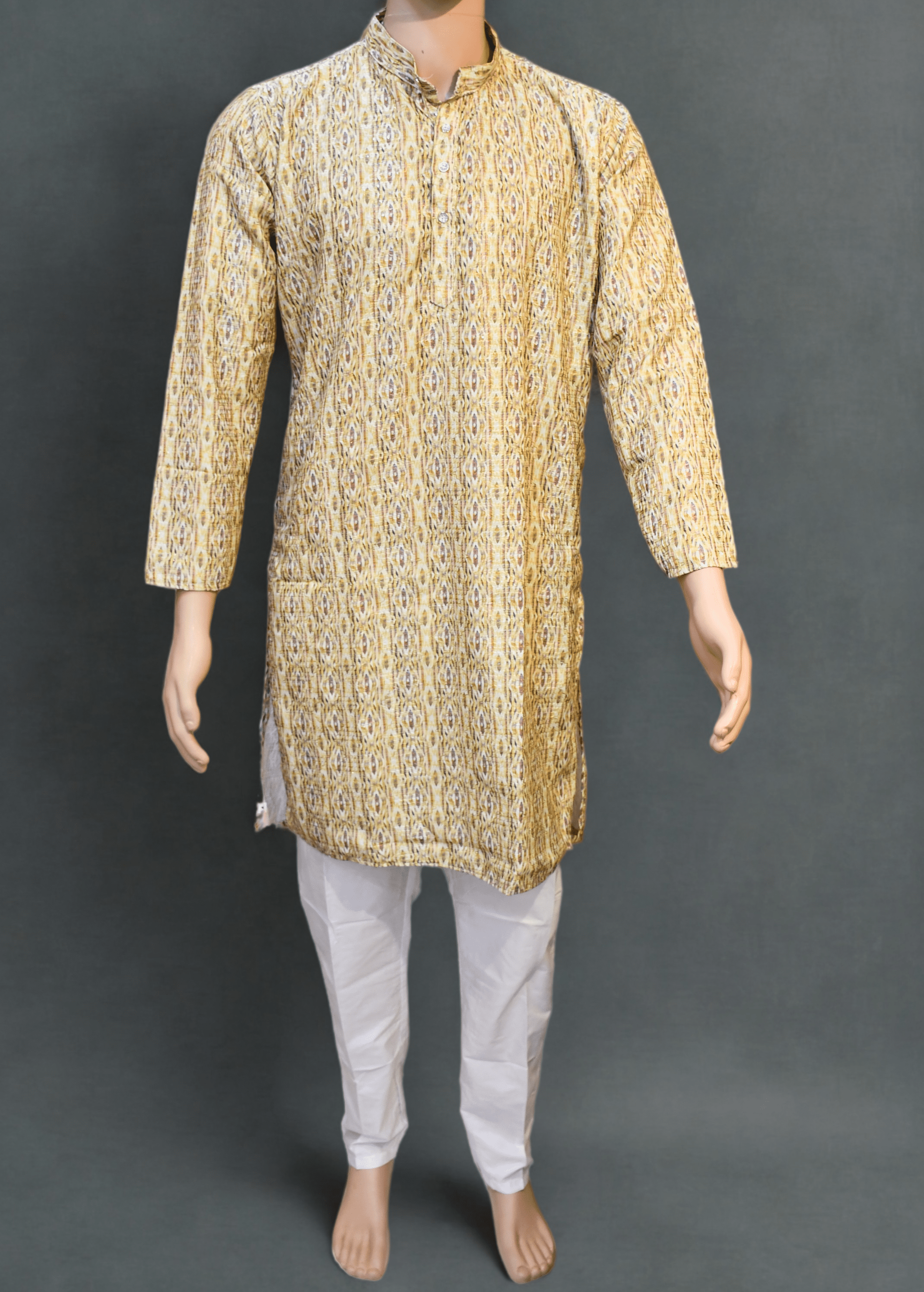 Men's Cotton Blend  Printed Golden Jari Work Long kurta With White Cotton Polo Pant