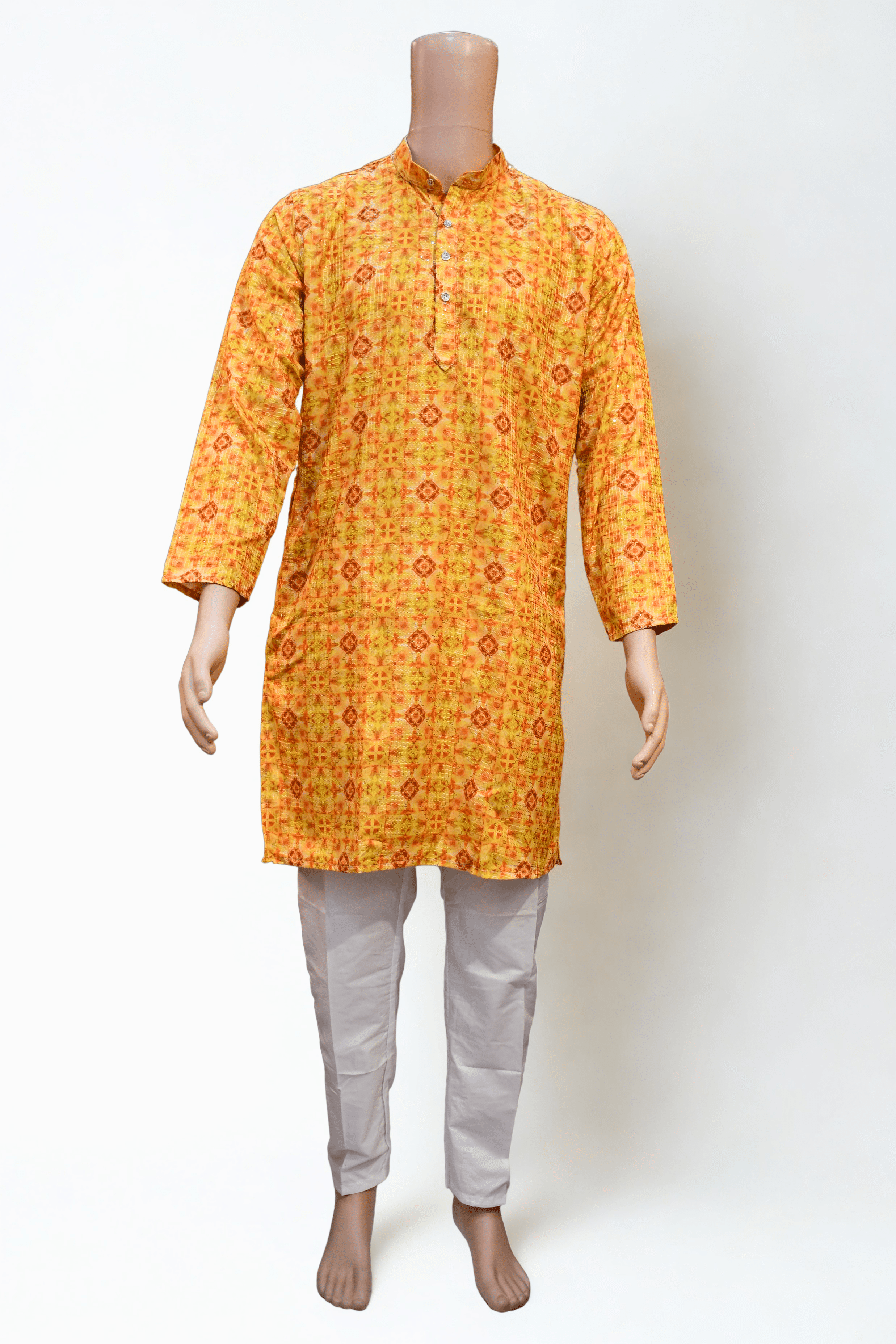 Men's Cotton Blend Printed Golden Jari Work Long Kurta with White Cotton Polo Pant