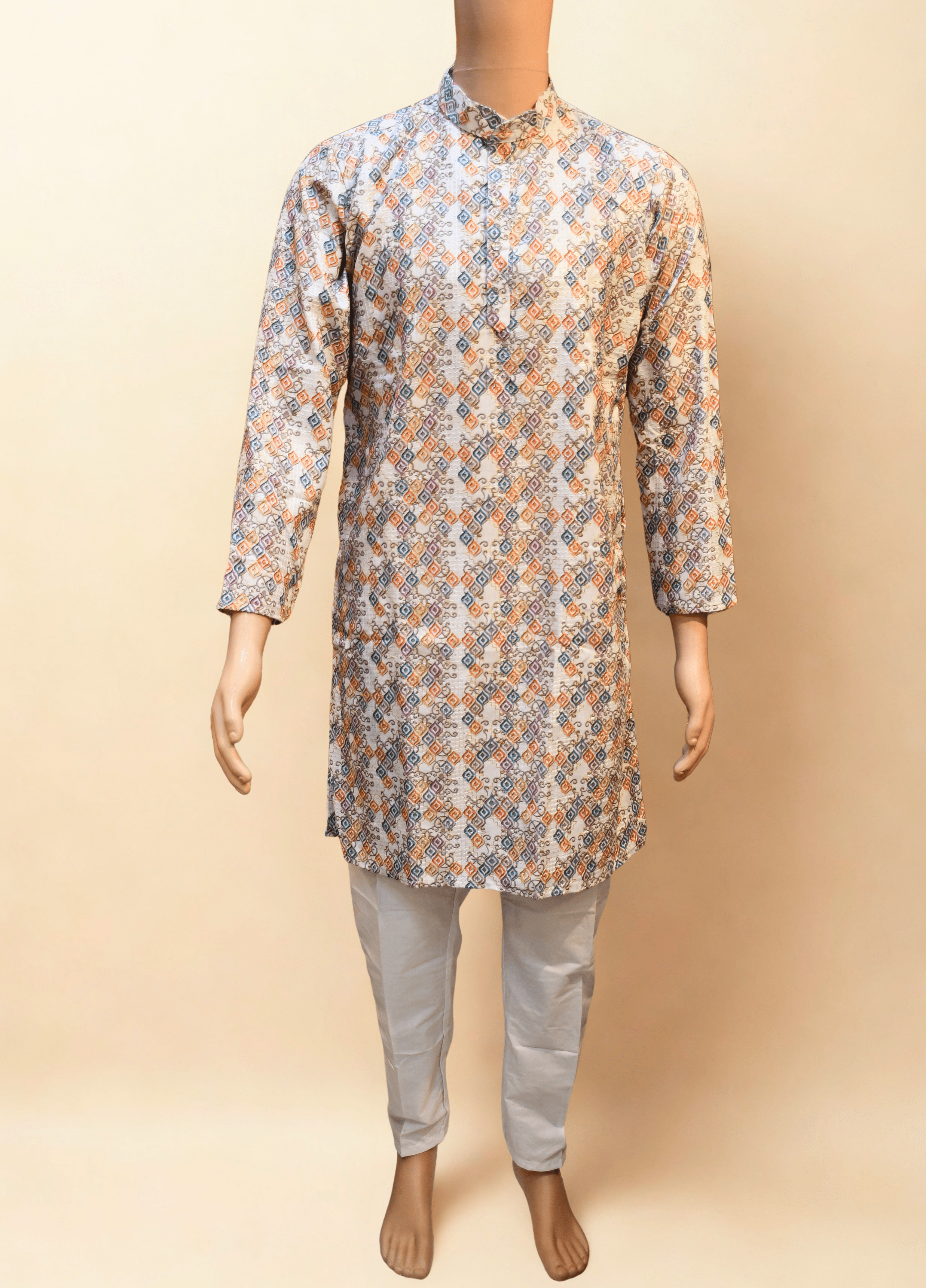 Men's Cotton Blend  Printed Golden Jari Work Long kurta With White Cotton Polo PANT